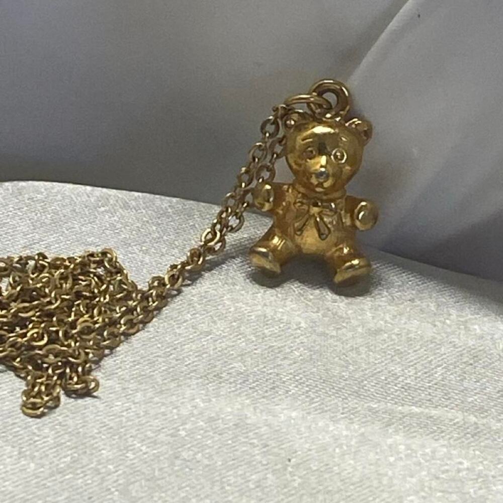 Vintage Made in Korea Gold Tone Teddy Bear Necklace Cute Bow Bear Pendant